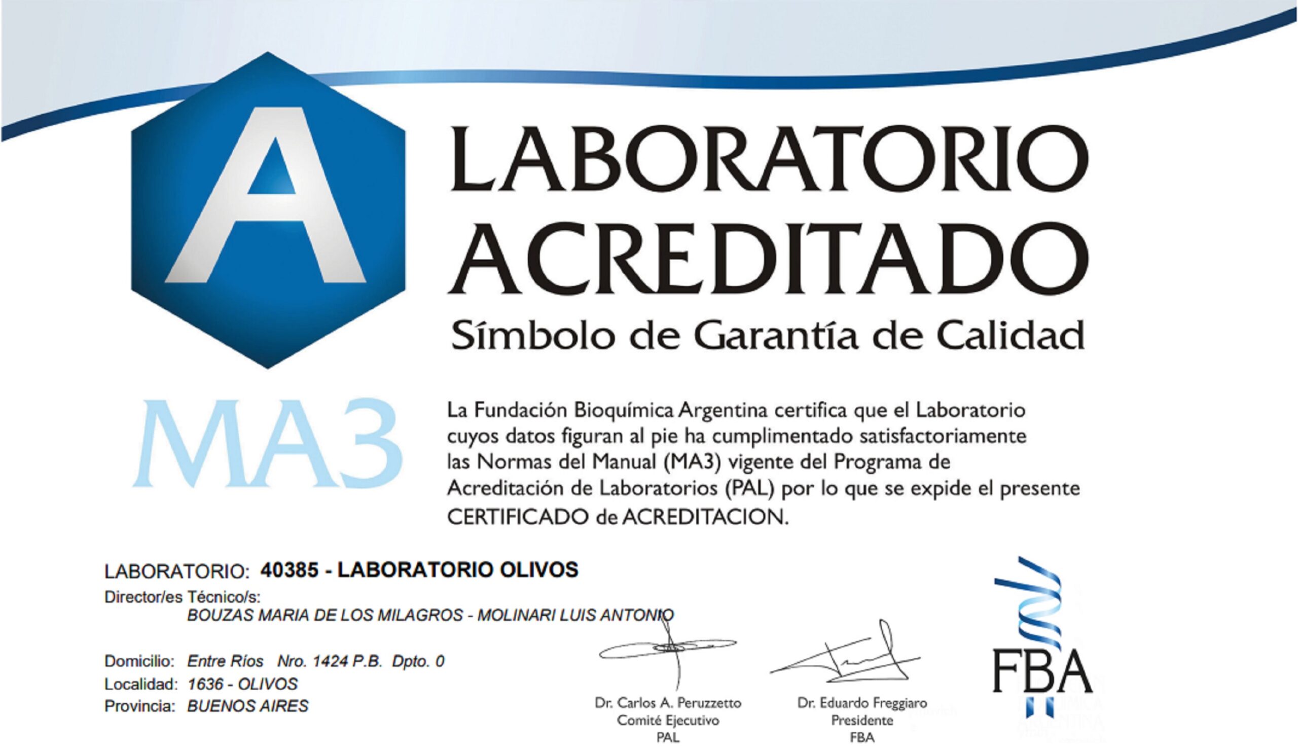 Certificado de Acreditación MA3 — Fundación Bioquímica Argentina